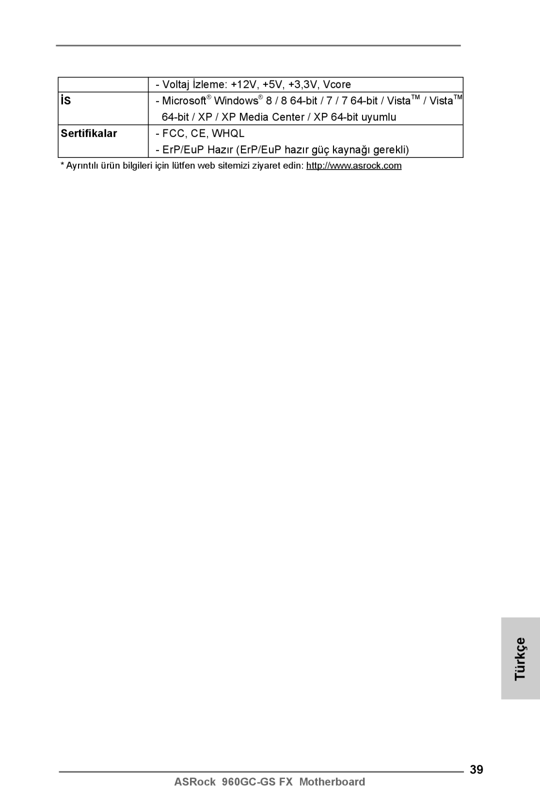 ASRock 960GC-GS FX manual Sertifikalar 