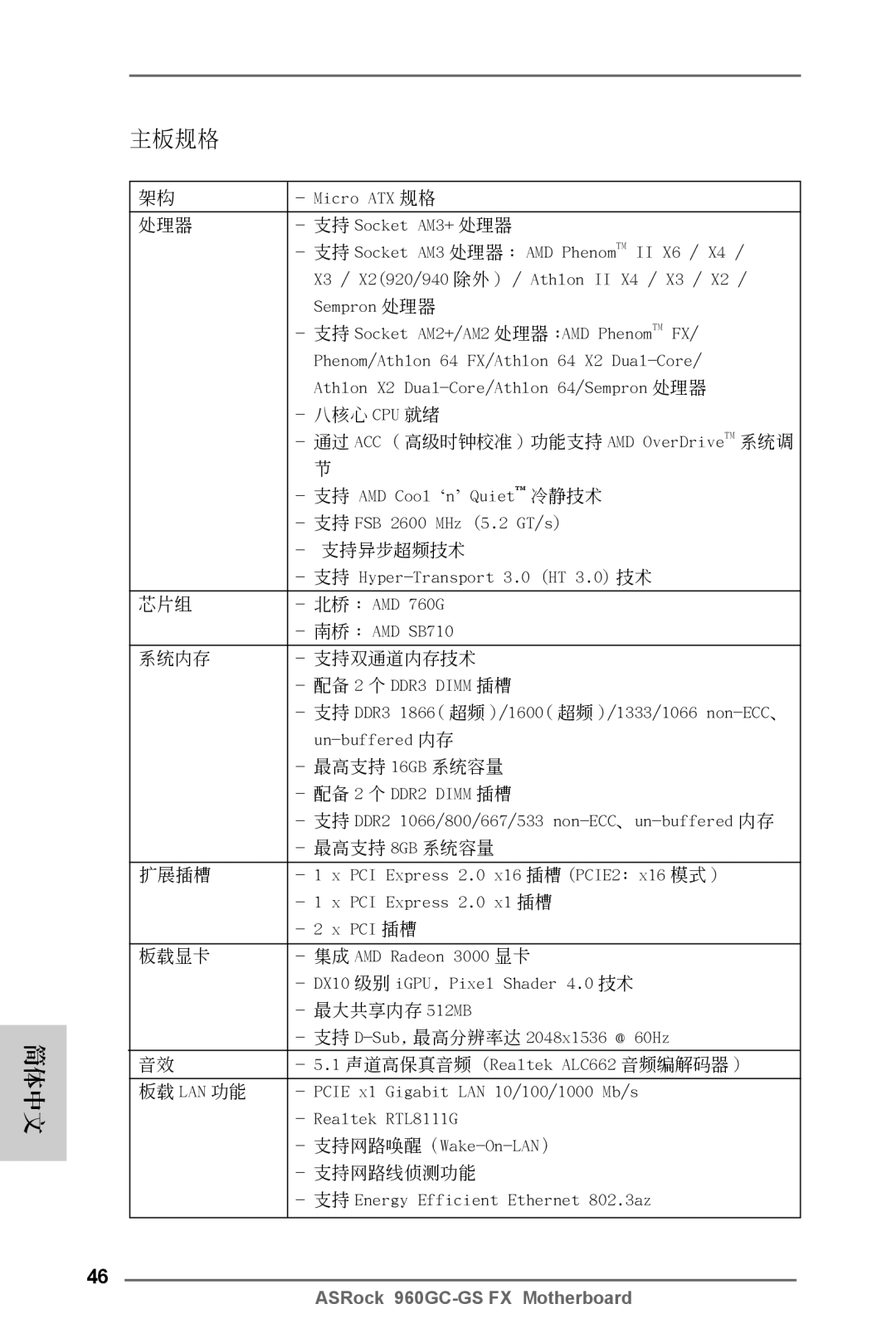 ASRock 960GC-GS FX manual 主板規格 