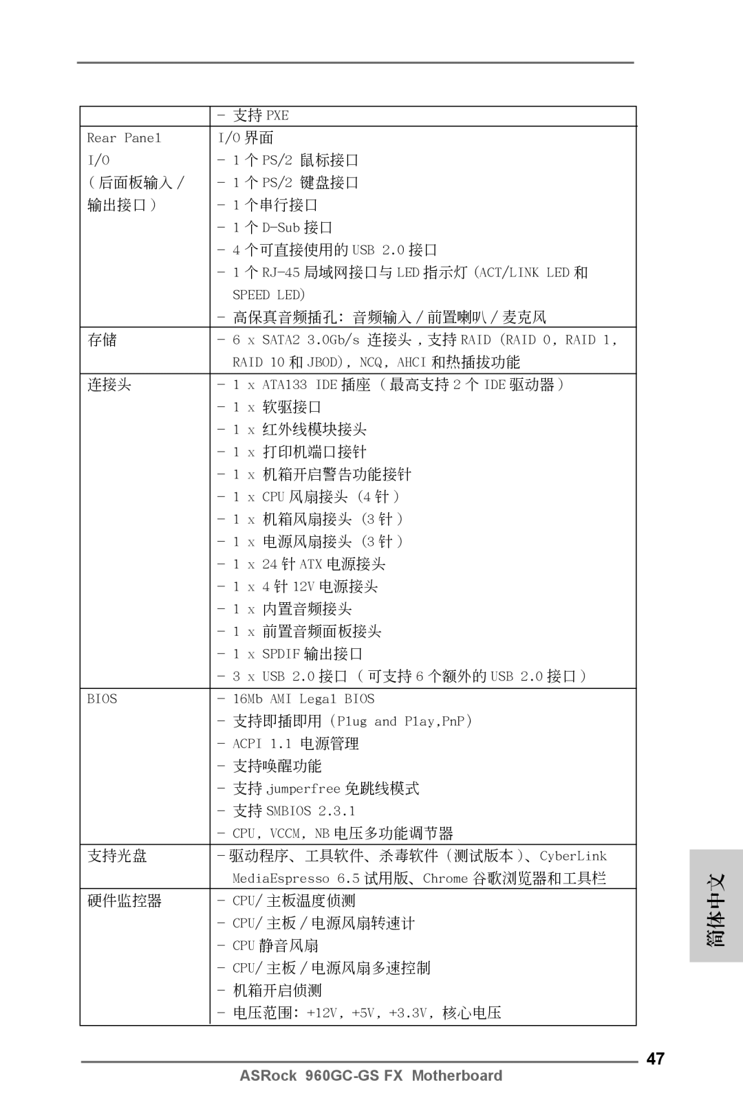 ASRock 960GC-GS FX manual 鼠標接口 后面板輸入 