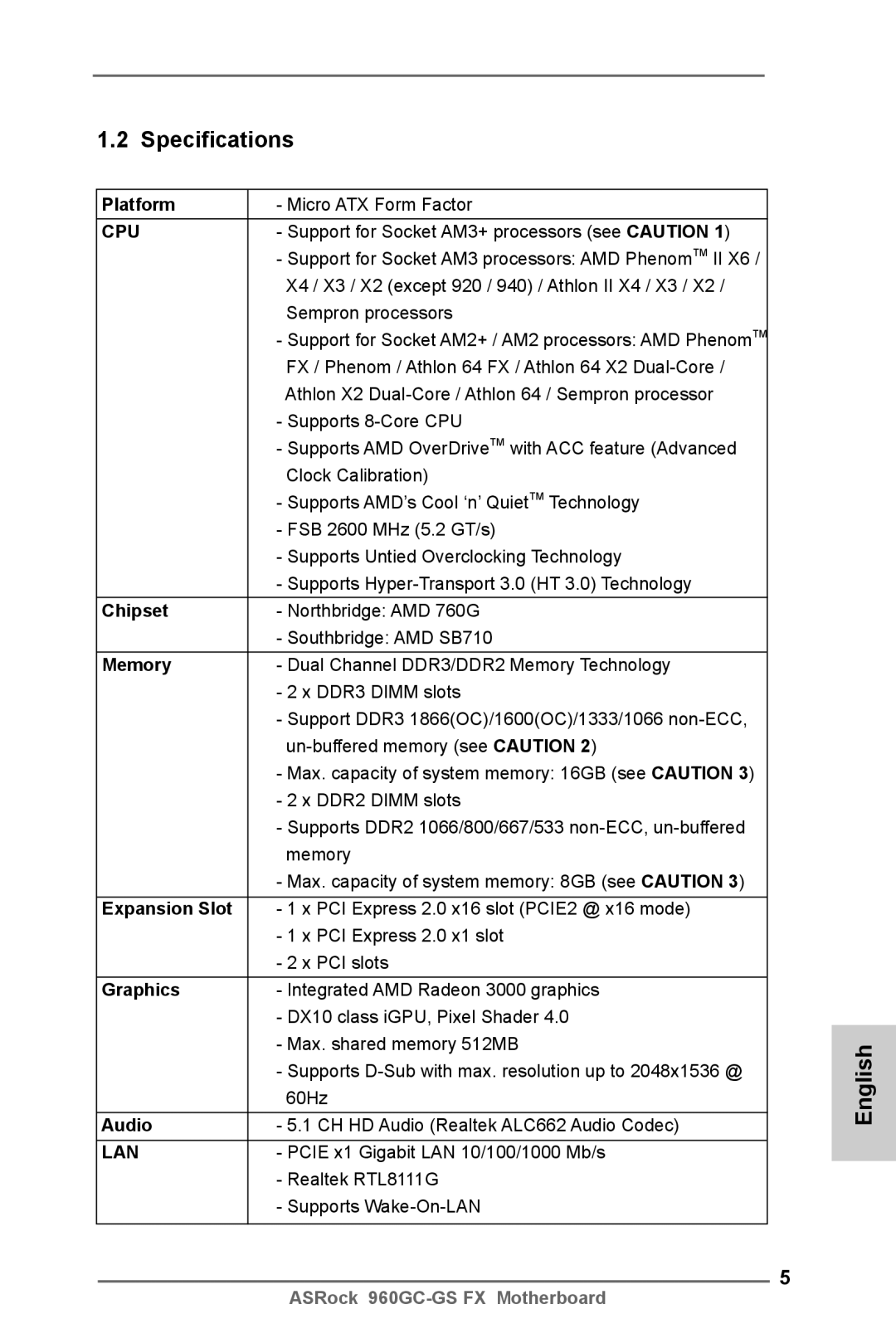 ASRock 960GC-GS FX manual Specifications 