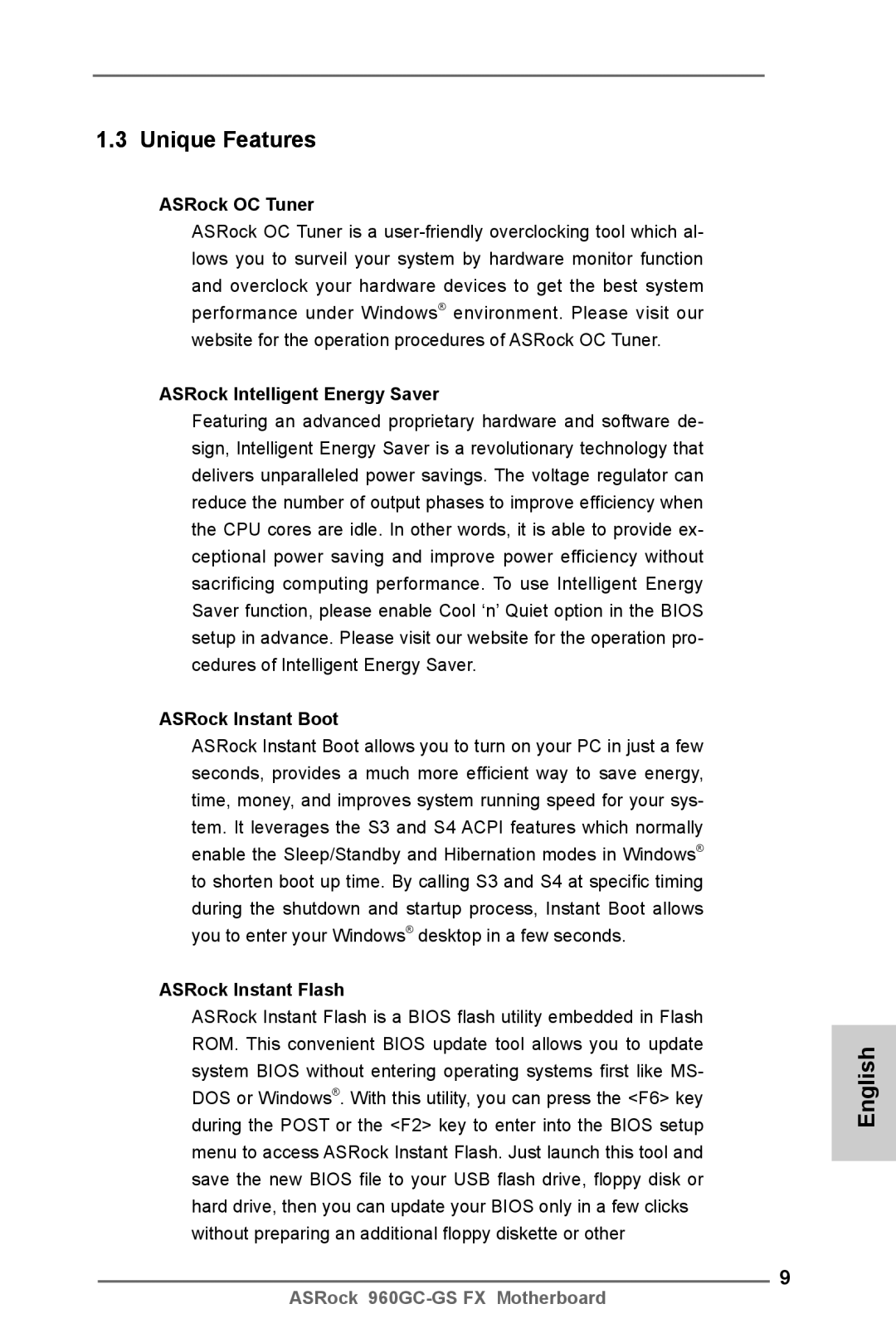 ASRock 960GC-GS FX manual Unique Features, ASRock OC Tuner, ASRock Intelligent Energy Saver, ASRock Instant Boot 