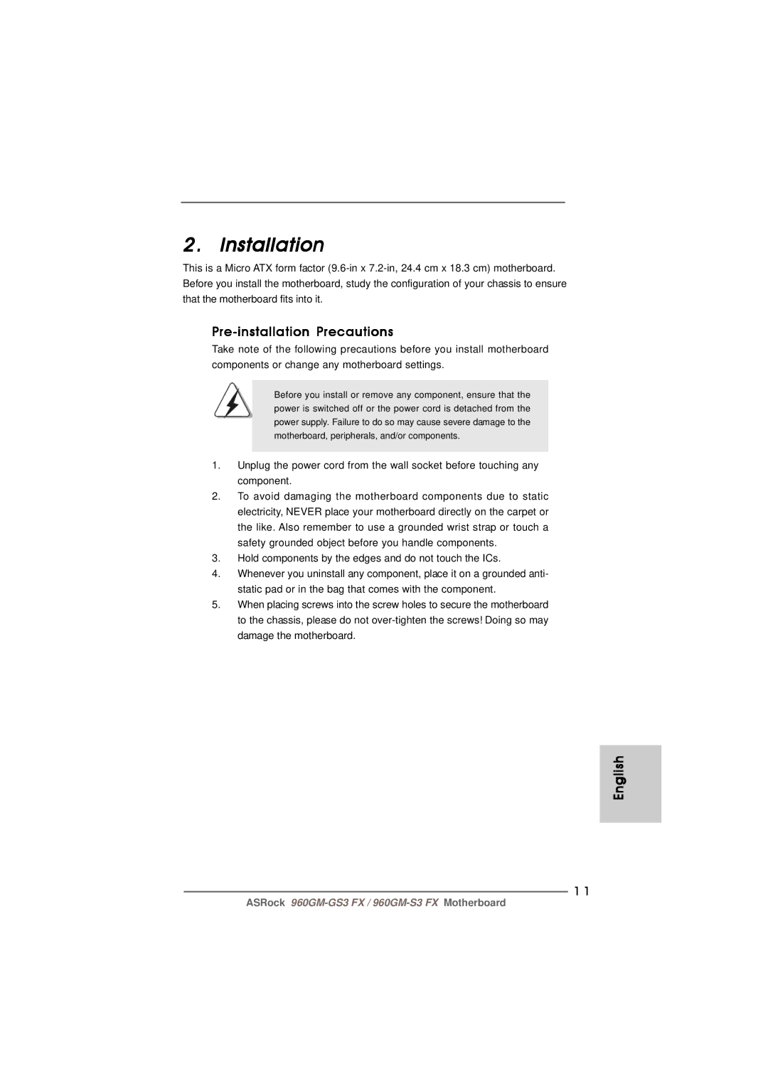 ASRock 960GM-S3 FX manual Installation, Pre-installation Precautions 