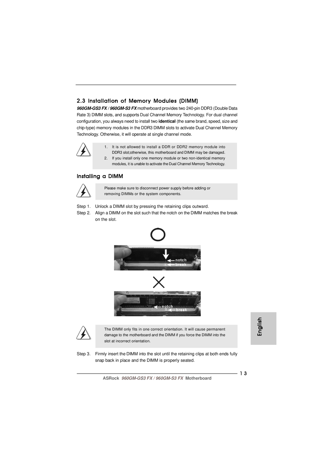 ASRock 960GM-S3 FX manual Installation of Memory Modules Dimm, Installing a Dimm 