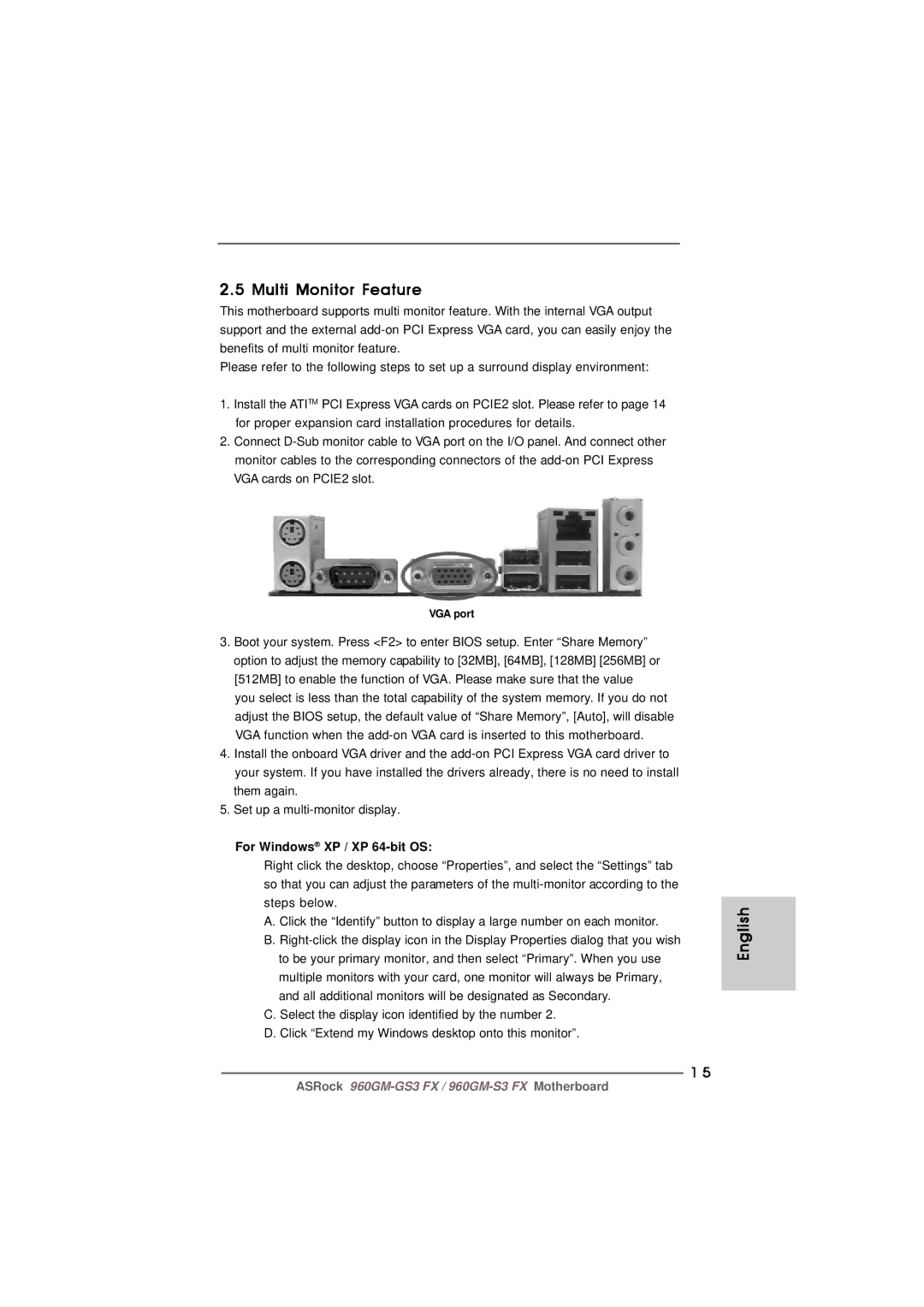 ASRock 960GM-S3 FX manual Multi Monitor Feature, For Windows XP / XP 64-bit OS 