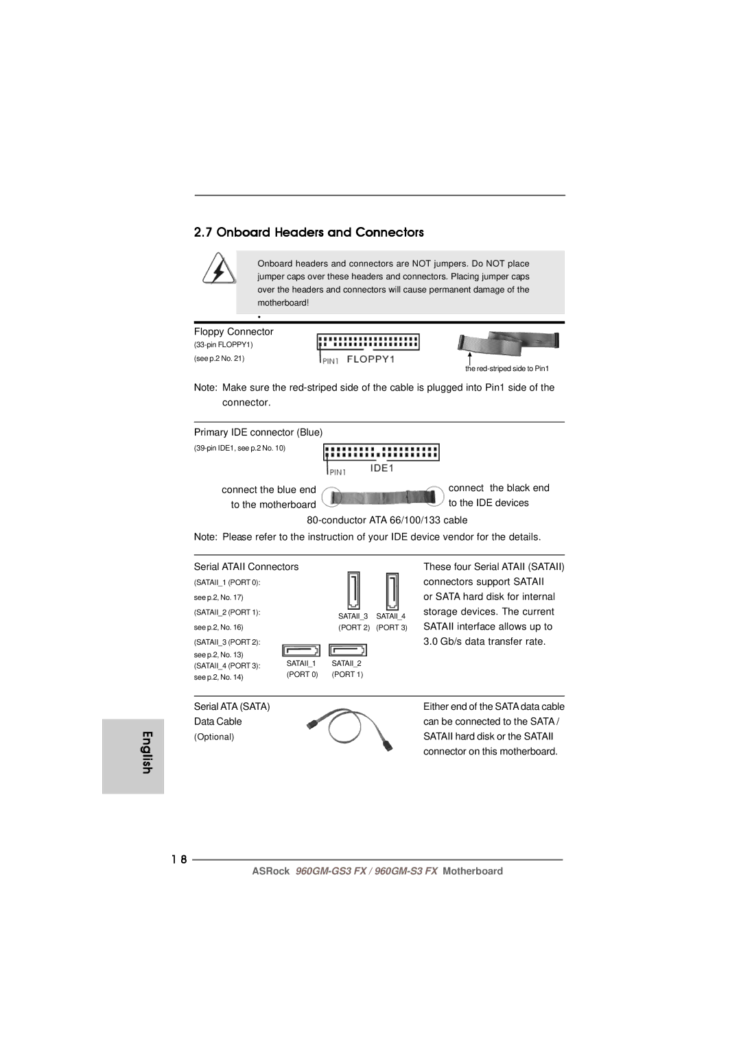 ASRock 960GM-S3 FX manual Onboard Headers and Connectors, Serial ATA Sata, Data Cable, Sataii hard disk or the Sataii 