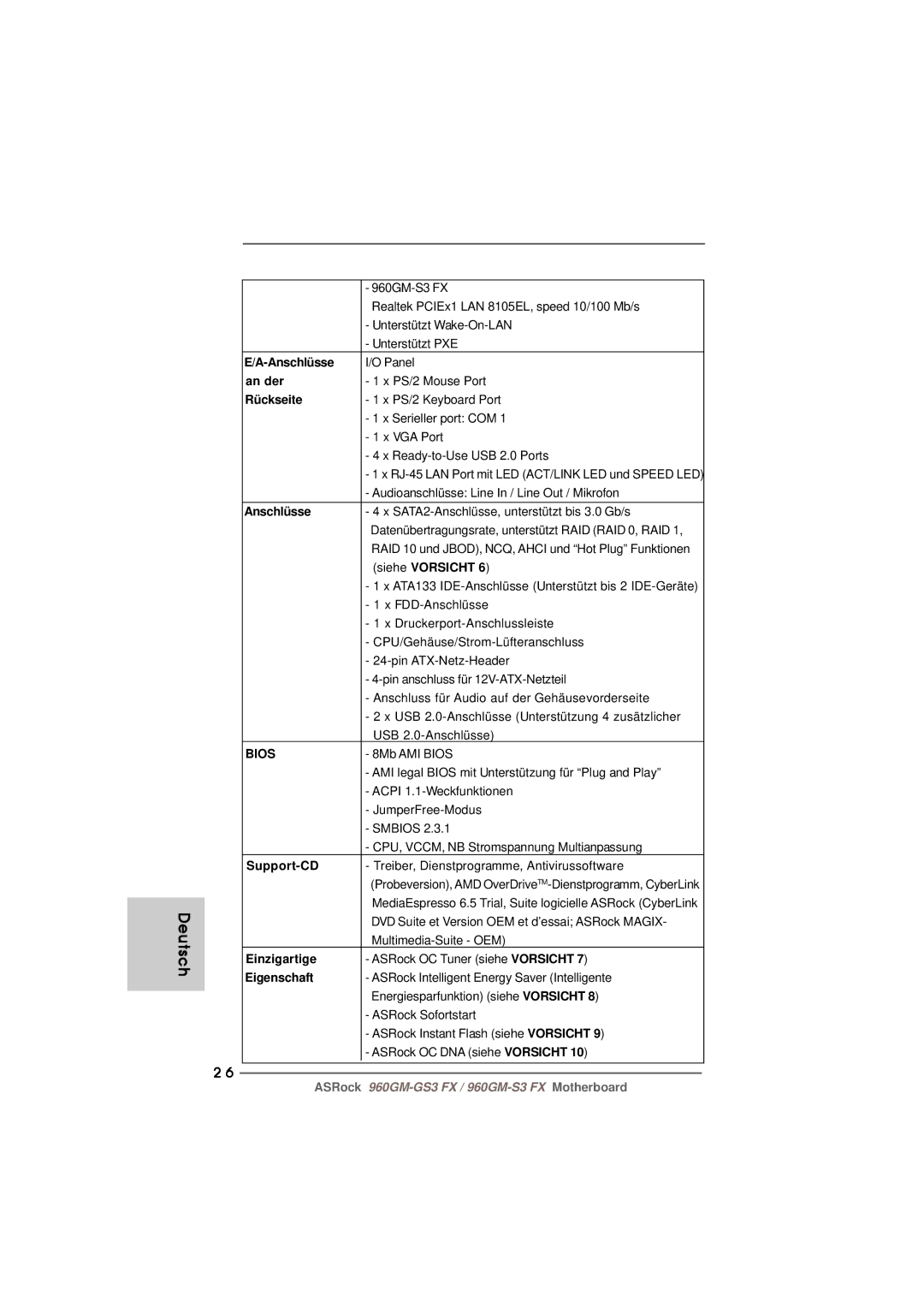 ASRock 960GM-S3 FX manual Anschlüsse, An der, Rückseite, Support-CD, Einzigartige, Eigenschaft 