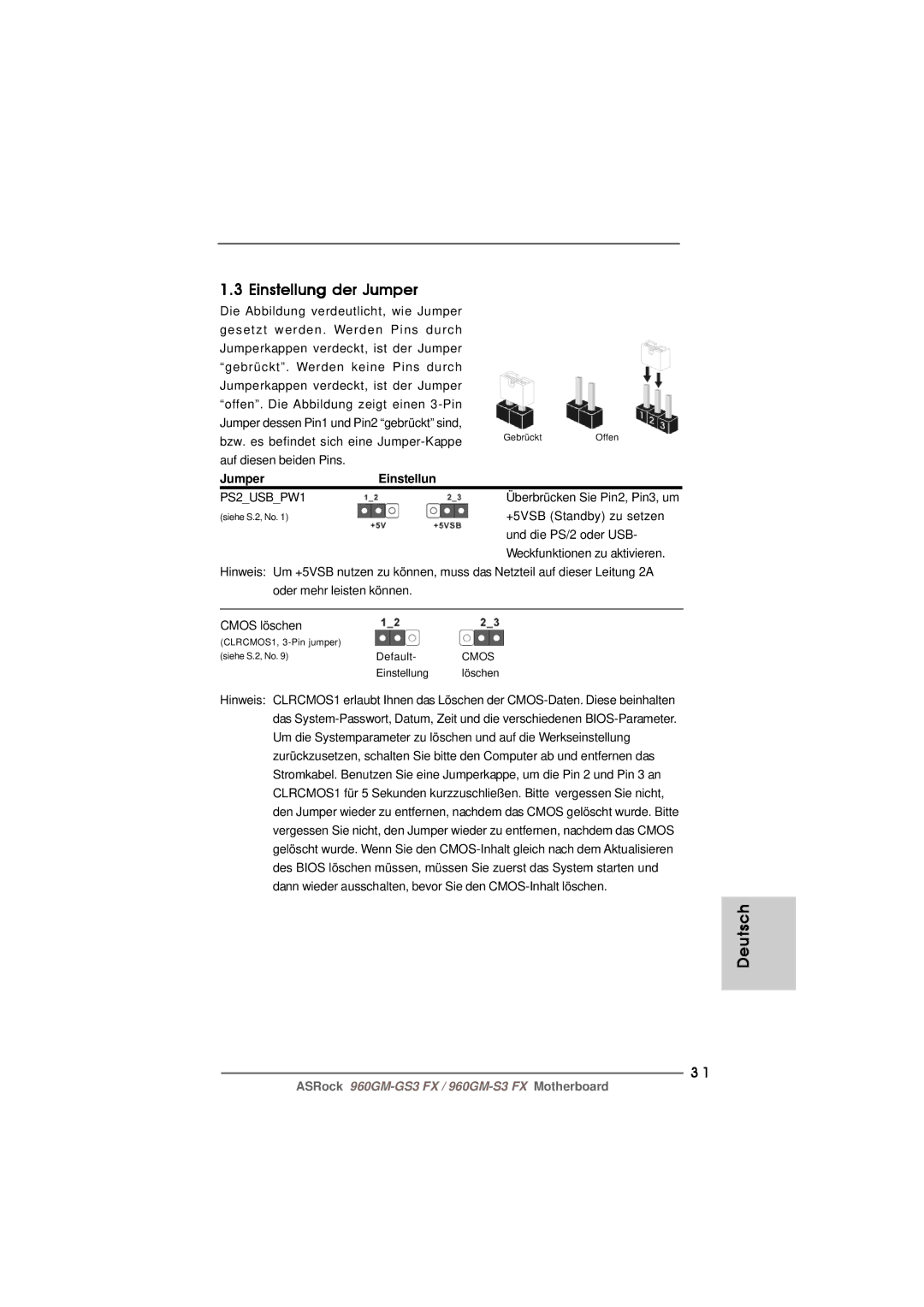 ASRock 960GM-S3 FX manual Einstellung der Jumper 