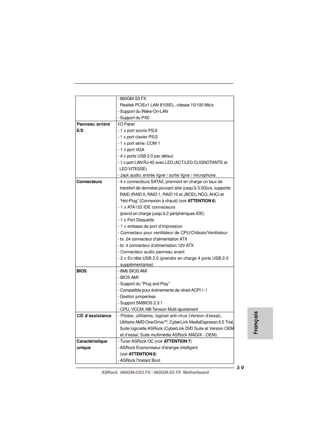 ASRock 960GM-S3 FX manual Panneau arrière, Connecteurs, CD d’assistance, Caractéristique, Unique 