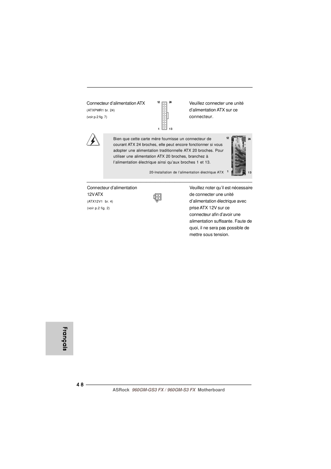 ASRock 960GM-S3 FX manual Connecteur d’alimentation ATX 