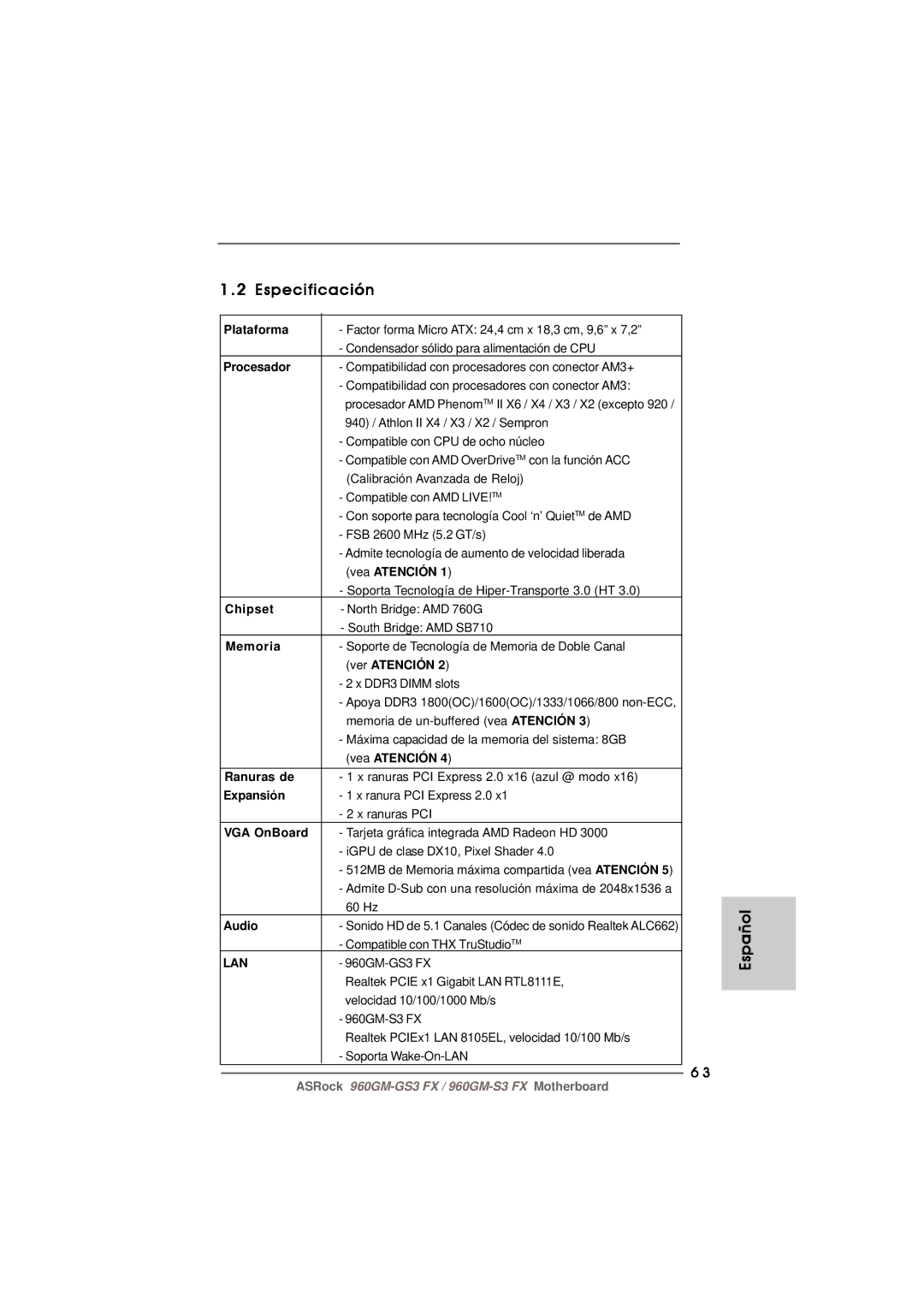 ASRock 960GM-S3 FX manual Especificación 