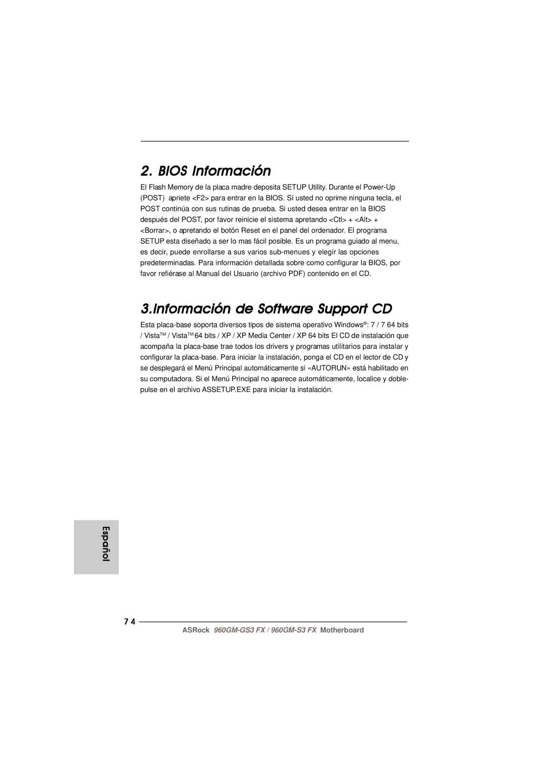 ASRock 960GM-S3 FX manual Bios Información Información de Software Support CD 