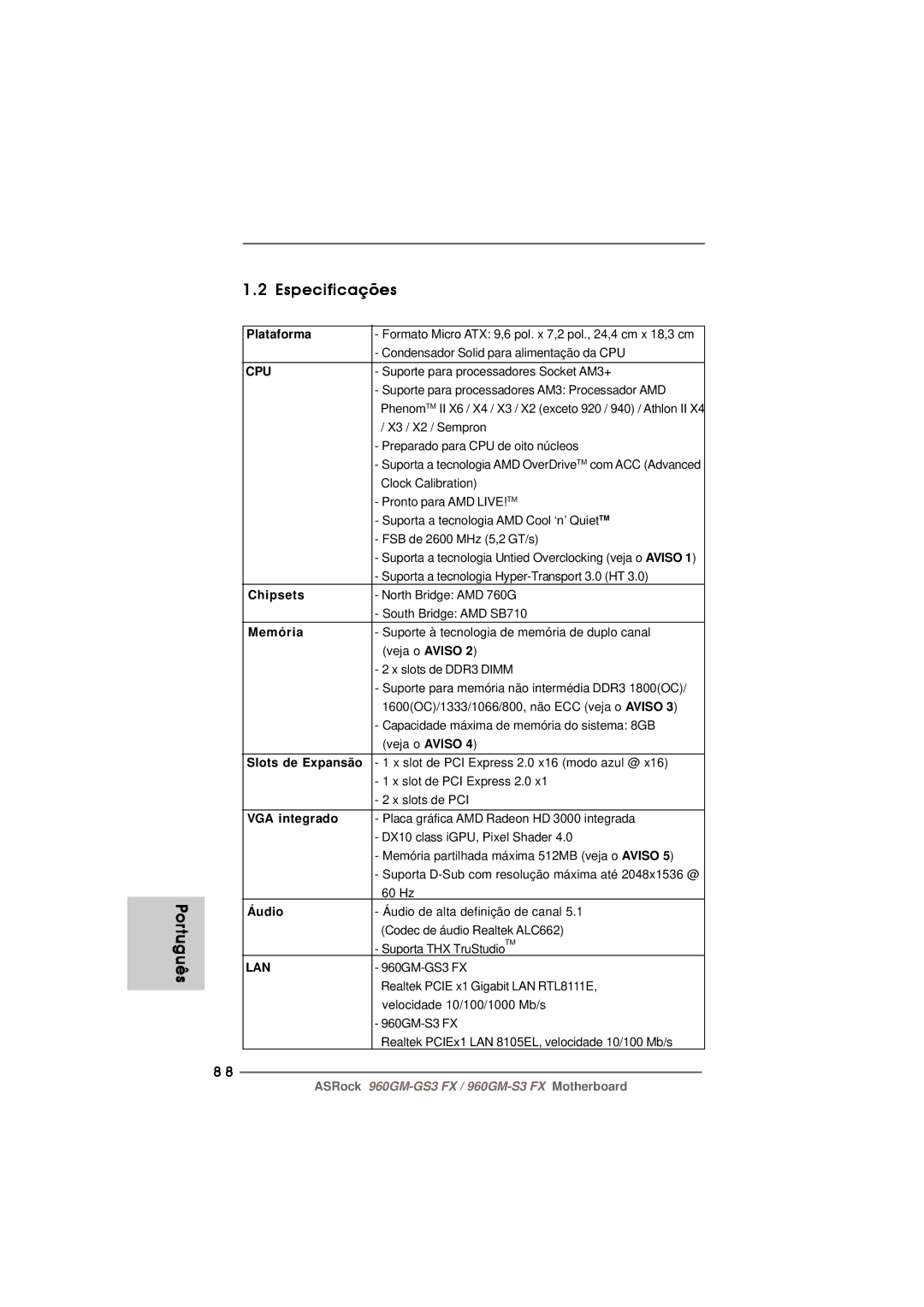 ASRock 960GM-S3 FX manual Português Especificações, Memória, Slots de Expansão, VGA integrado, Áudio 