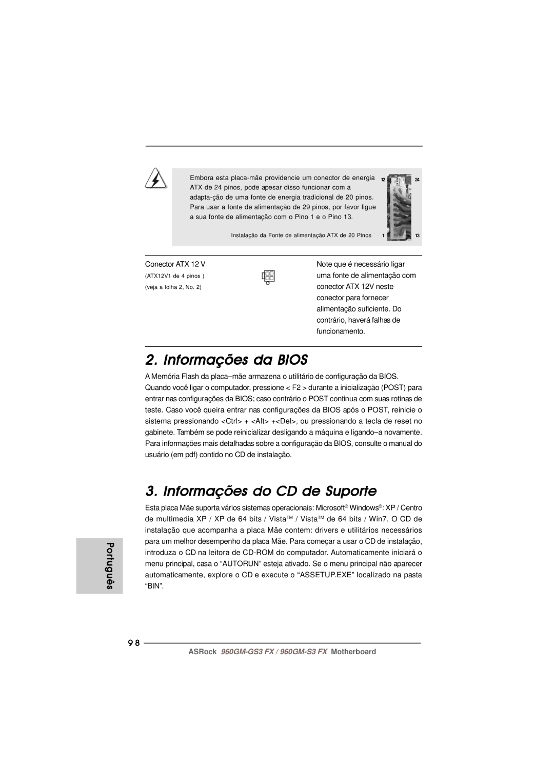 ASRock 960GM-S3 FX manual Informações da Bios, Informações do CD de Suporte 