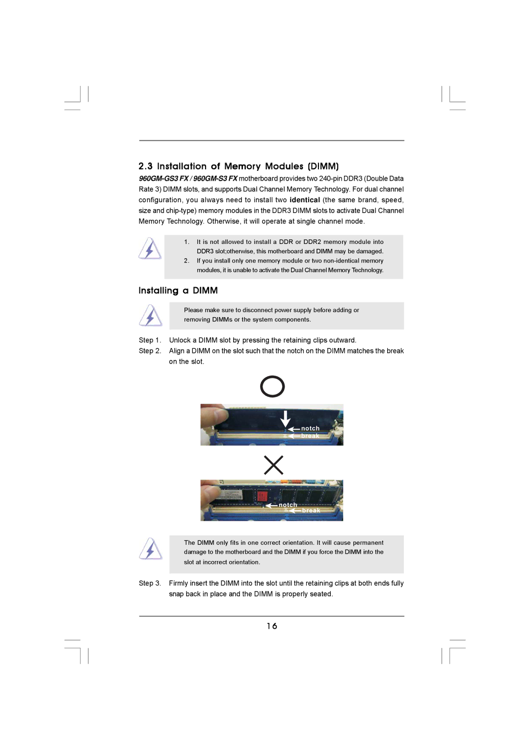 ASRock 960GM-S3 FX manual Installation of Memory Modules Dimm, Installing a Dimm 