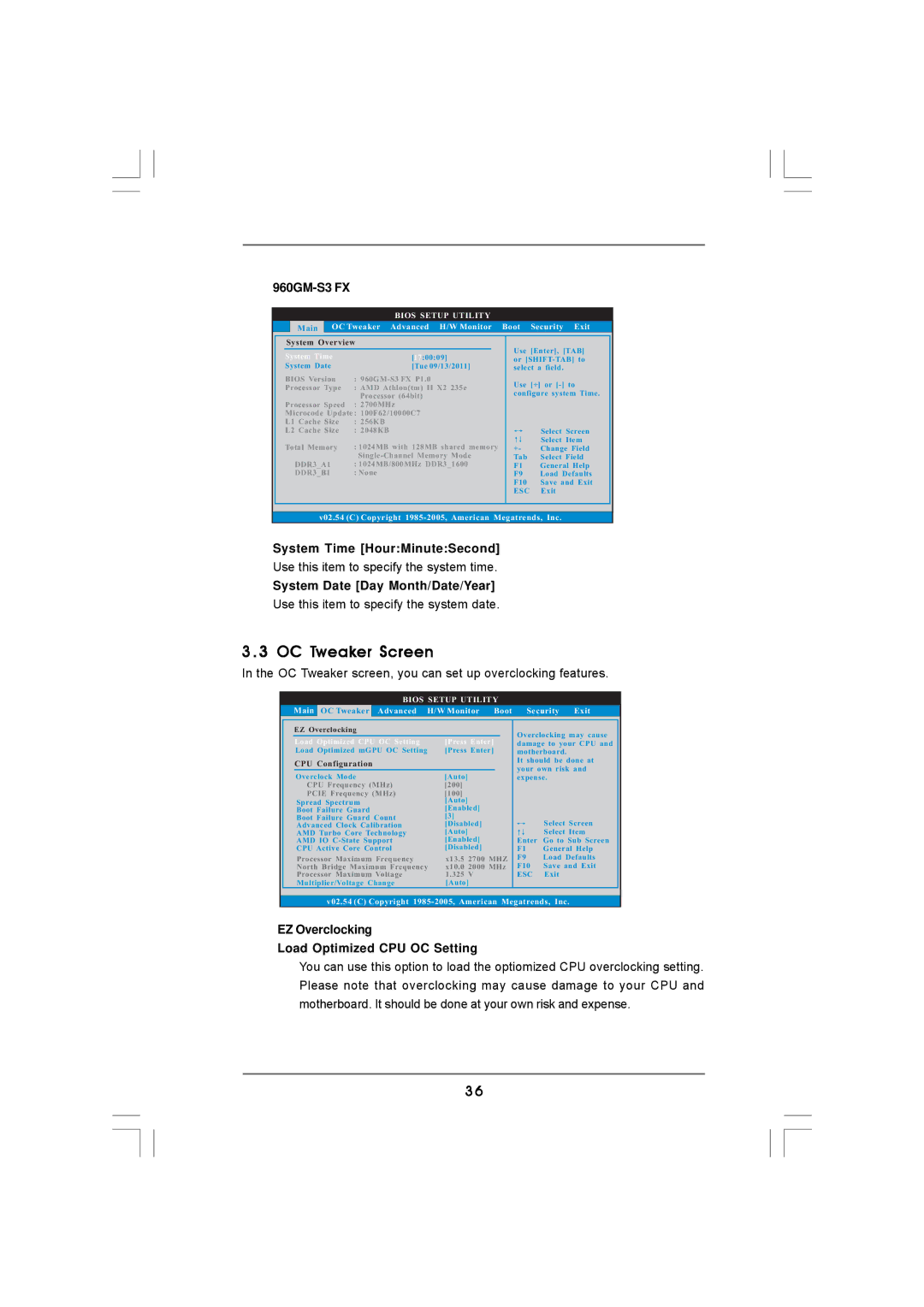 ASRock 960GM-S3 FX manual OC Tweaker Screen, EZ Overclocking Load Optimized CPU OC Setting 