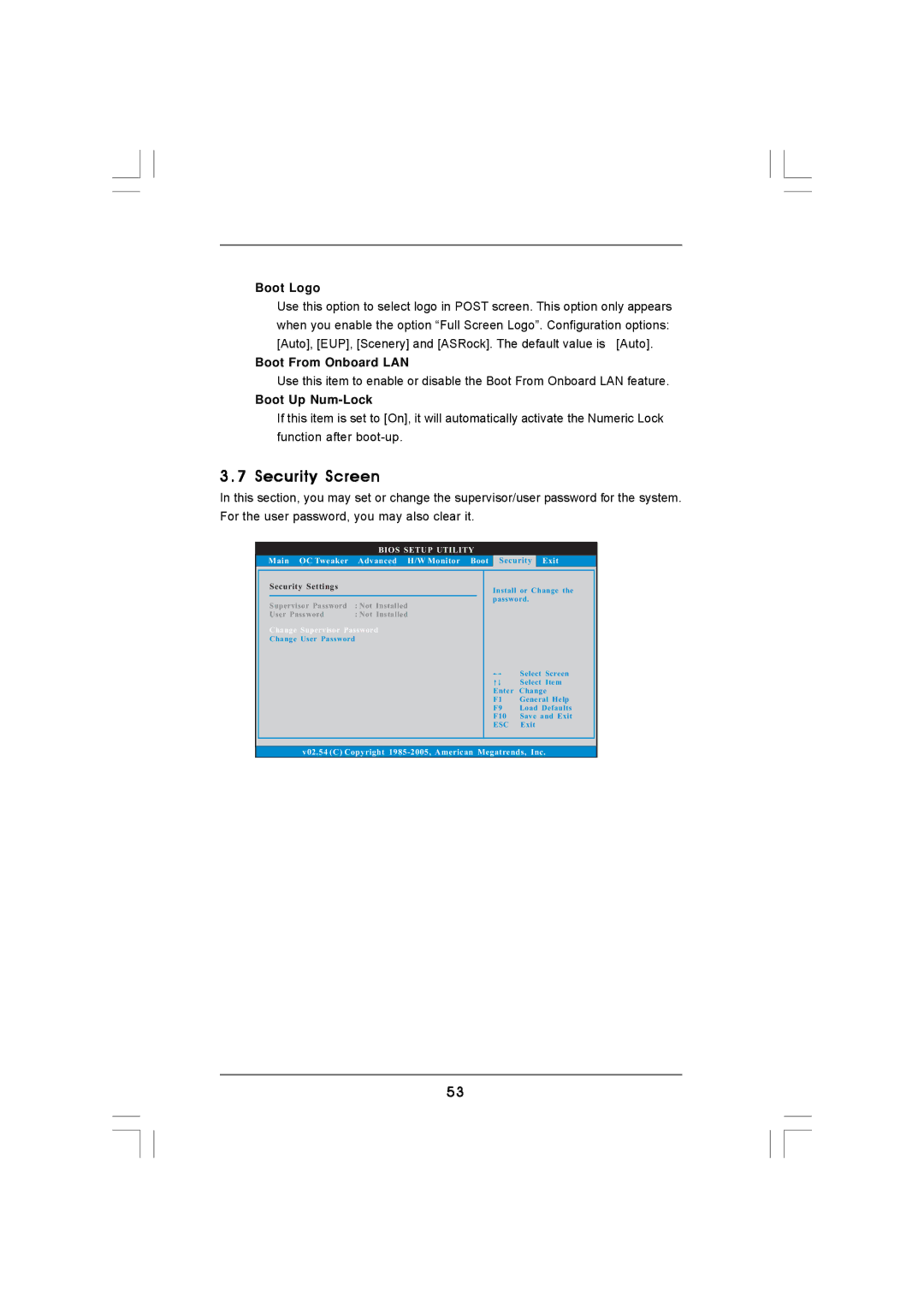 ASRock 960GM-S3 FX manual Security Screen, Boot Logo, Boot From Onboard LAN, Boot Up Num-Lock, Change Supervisor Password 