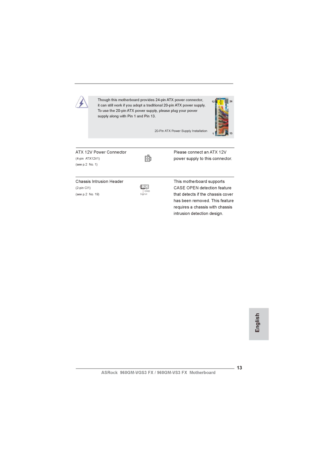 ASRock 960GM-VGS3 FX manual ATX 12V Power Connector Please connect an ATX 