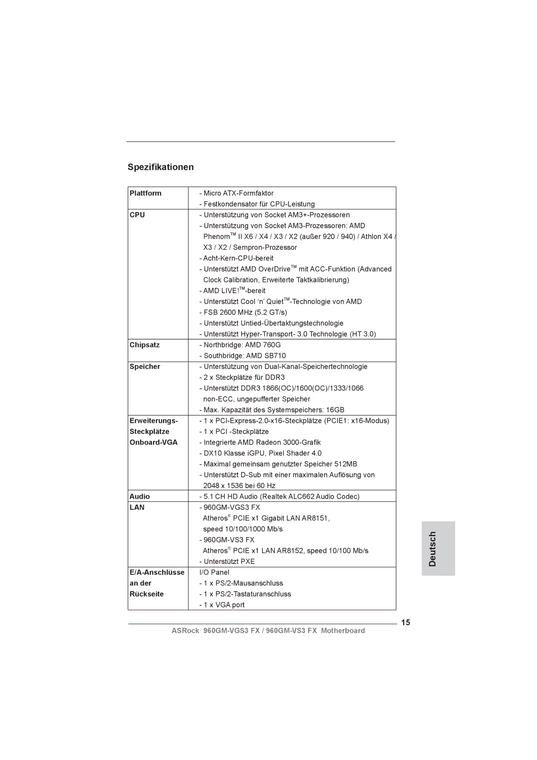 ASRock 960GM-VGS3 FX manual Speziﬁkationen, Deutsch 