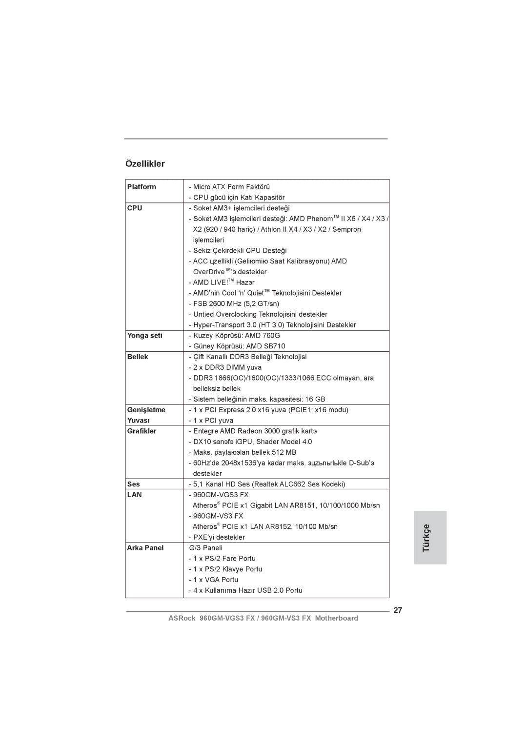 ASRock 960GM-VGS3 FX manual Özellikler, Türkçe 