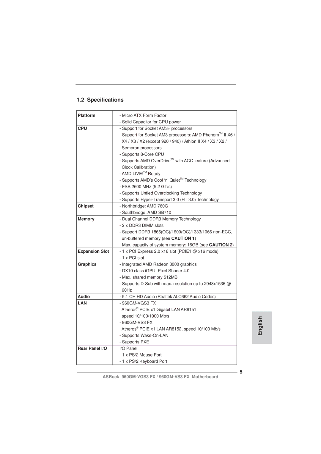 ASRock 960GM-VGS3 FX manual Speciﬁcations 