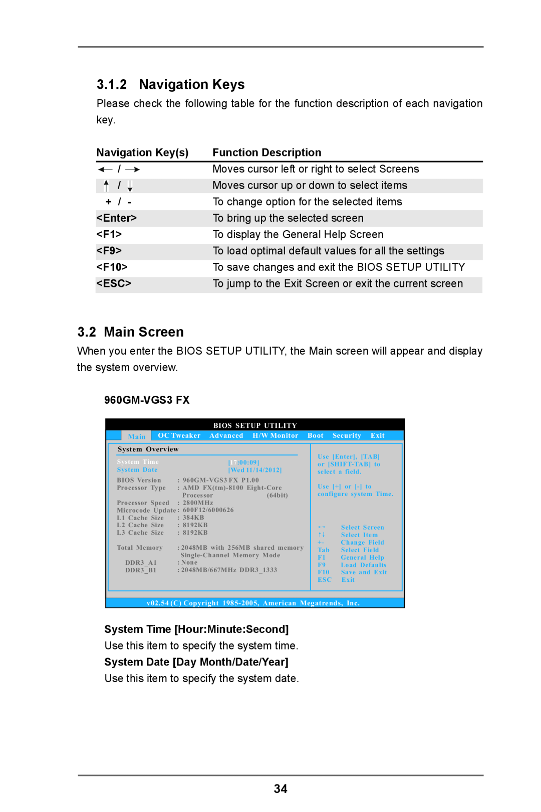 ASRock 960GM-VGS3 FX Navigation Keys, Main Screen, Function Description, Moves cursor left or right to select Screens 
