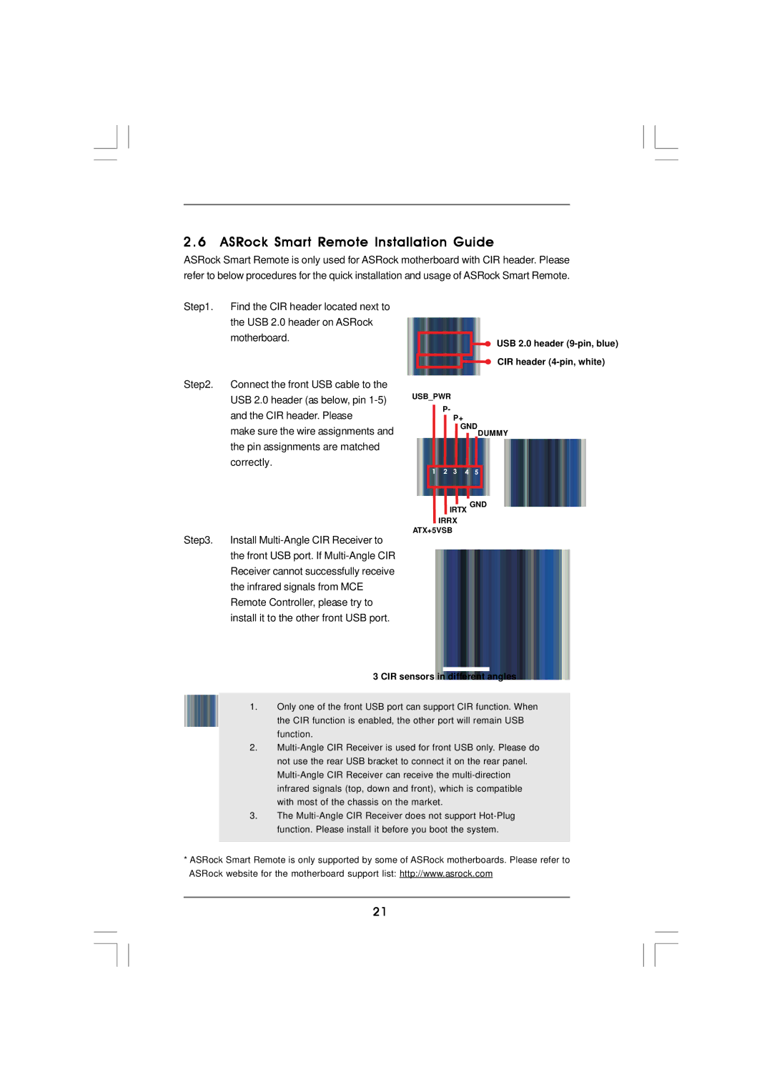 ASRock 960GM/U3S3 FX ASRock Smart Remote Installation Guide, Connect the front USB cable to, CIR header. Please, Correctly 