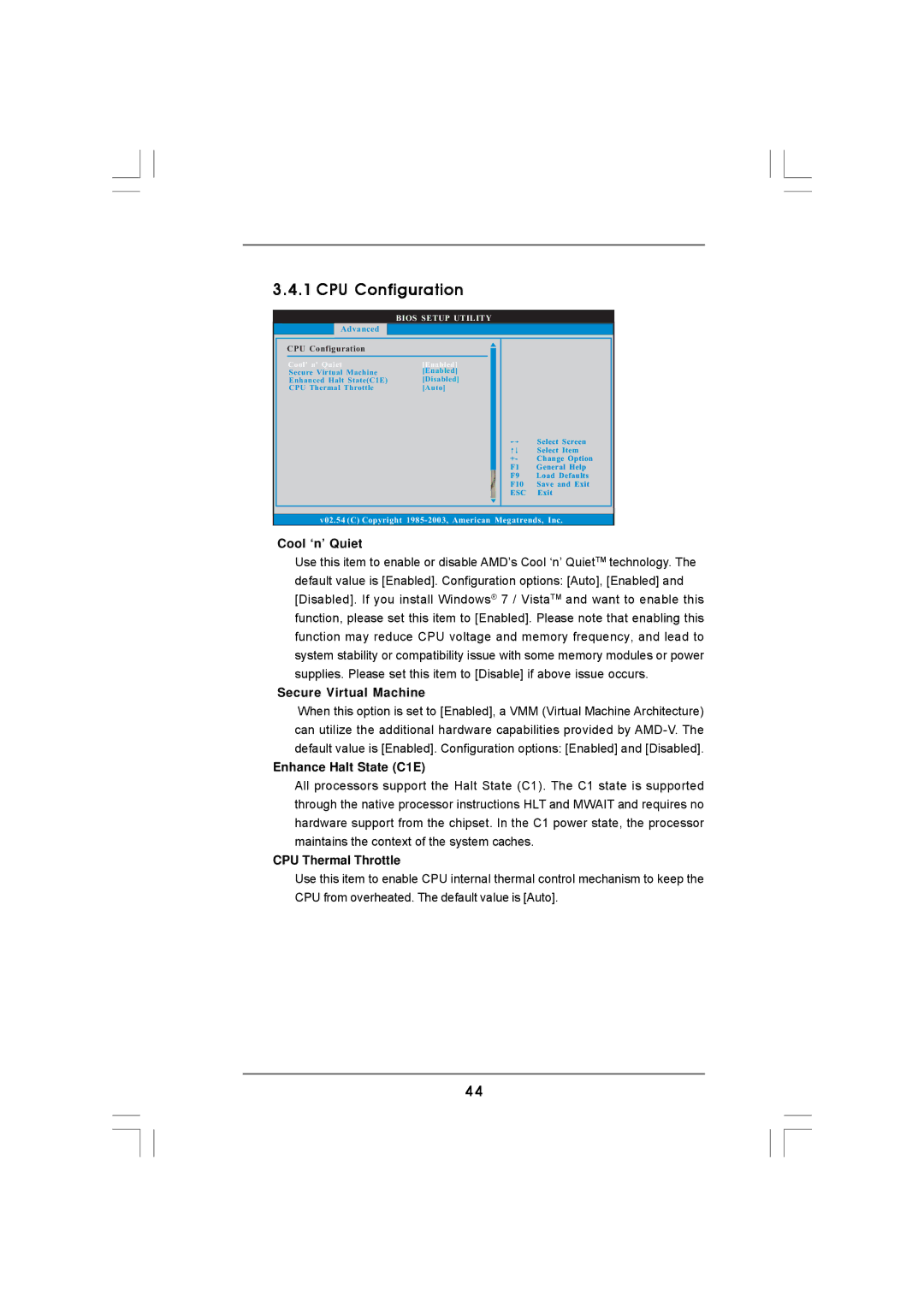 ASRock 960GM/U3S3 FX manual CPU Configuration, Cool ‘n’ Quiet, Secure Virtual Machine, Enhance Halt State C1E 