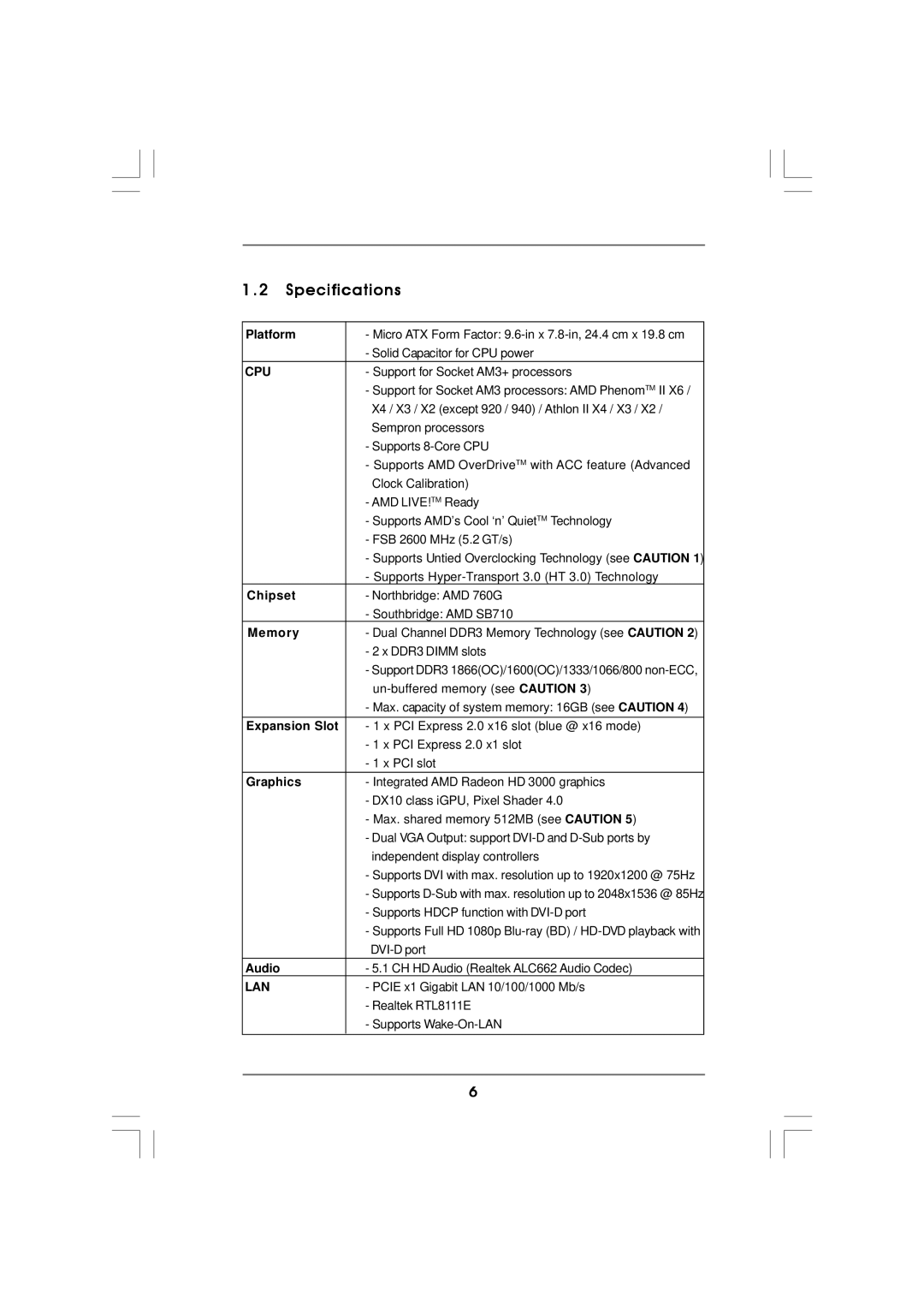 ASRock 960GM/U3S3 FX manual Specifications, Cpu, Lan 