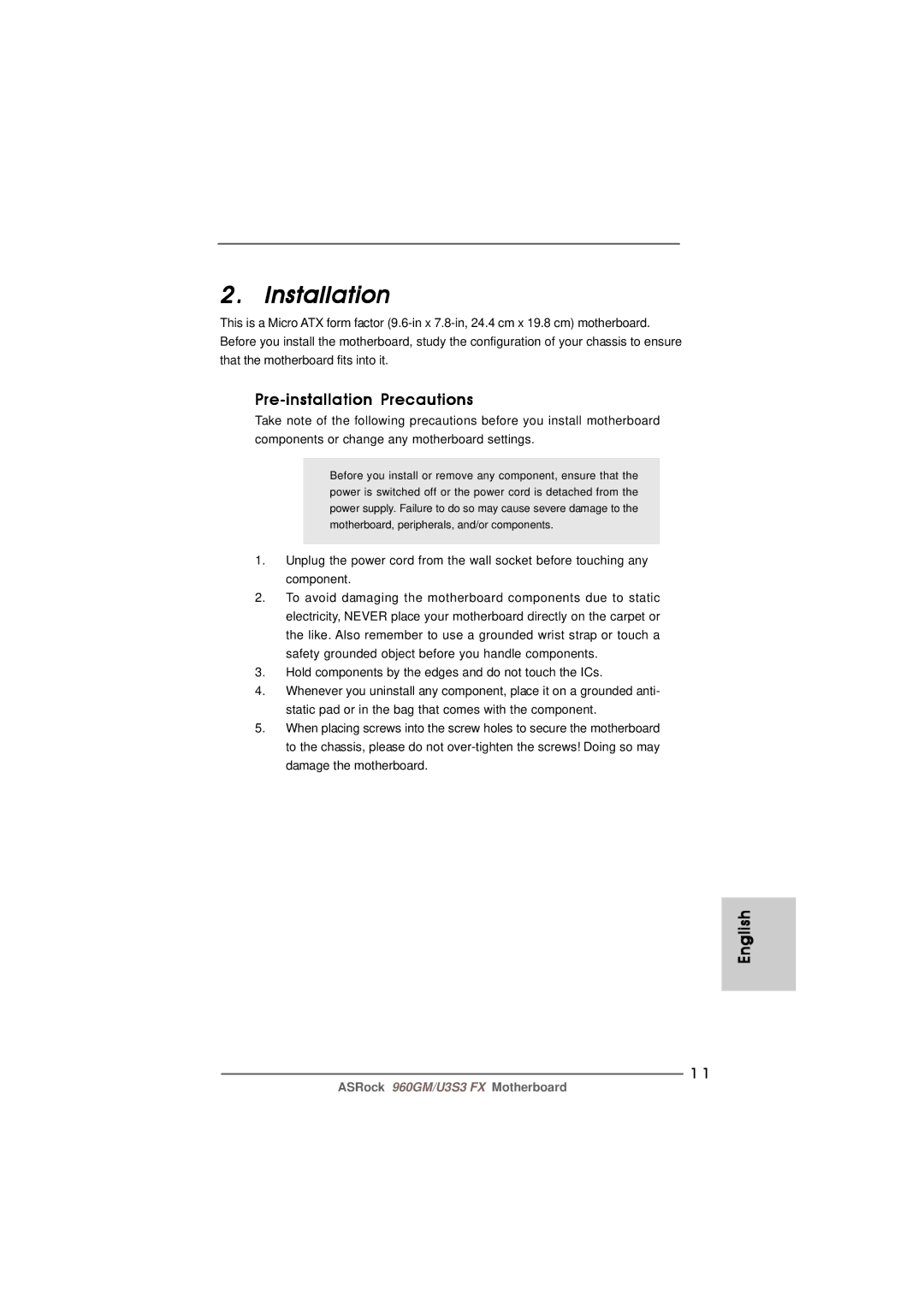 ASRock 960GM/U3S3 FX manual Installation, Pre-installation Precautions 