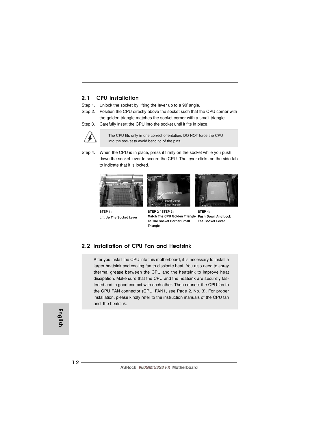 ASRock 960GM/U3S3 FX manual CPU Installation, Installation of CPU Fan and Heatsink English 