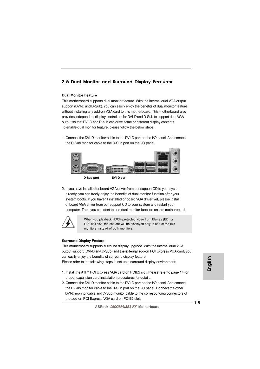 ASRock 960GM/U3S3 FX manual Dual Monitor and Surround Display Features, Dual Monitor Feature 