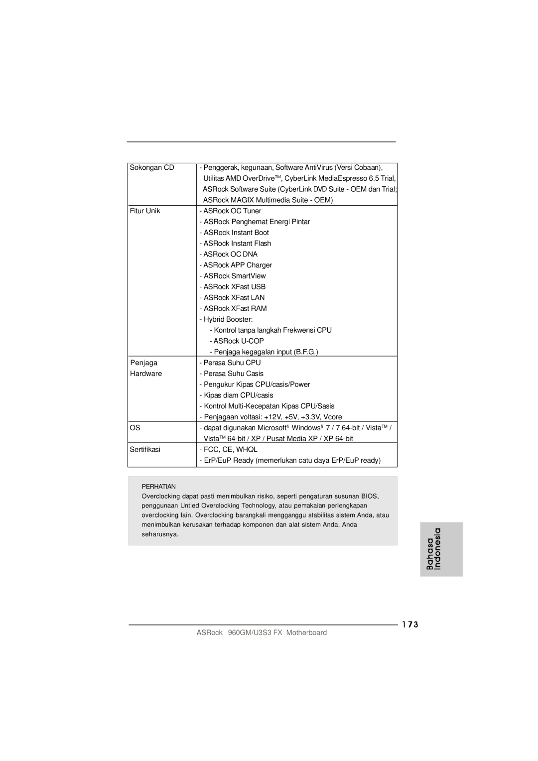 ASRock 960GM/U3S3 FX manual Sokongan CD, Fitur Unik, Penjaga, Sertifikasi 