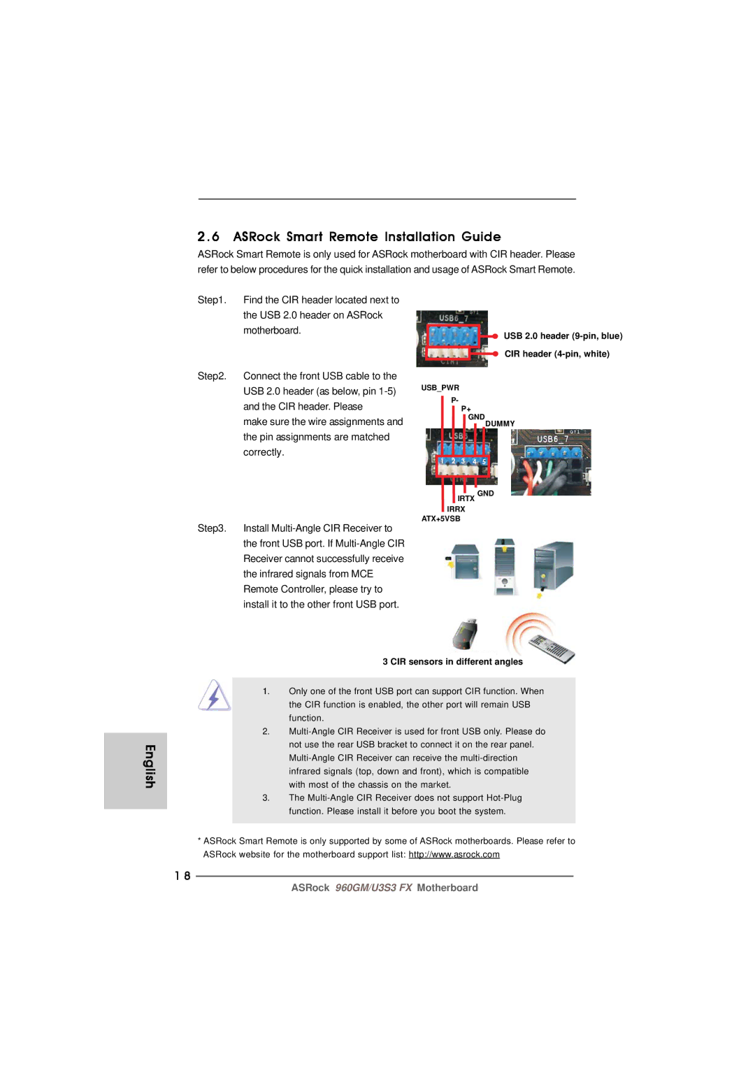 ASRock 960GM/U3S3 FX manual ASRock Smart Remote Installation Guide, USB 2.0 header on ASRock Motherboard 