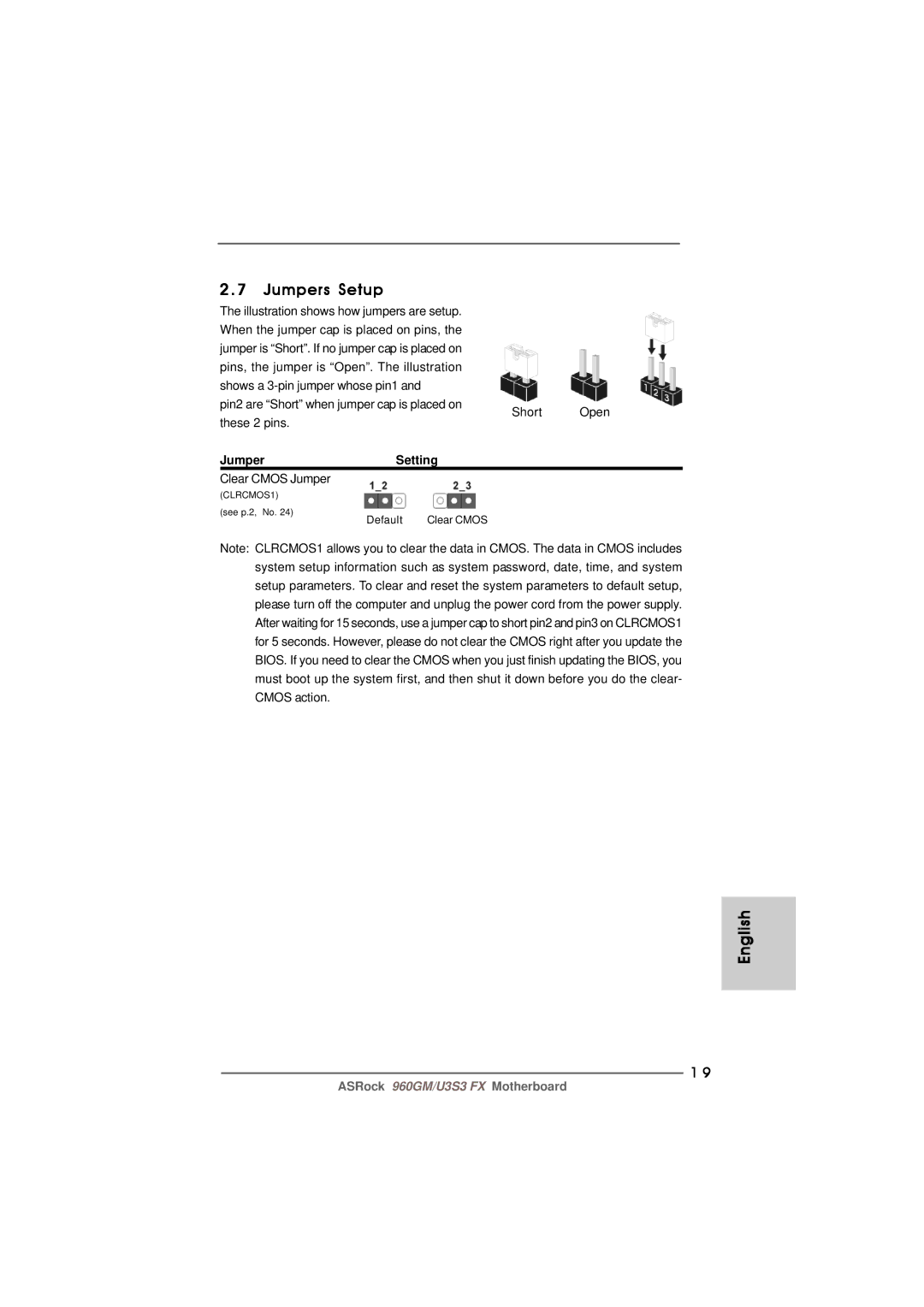 ASRock 960GM/U3S3 FX manual Jumpers Setup, Jumper Setting, Clear Cmos Jumper 