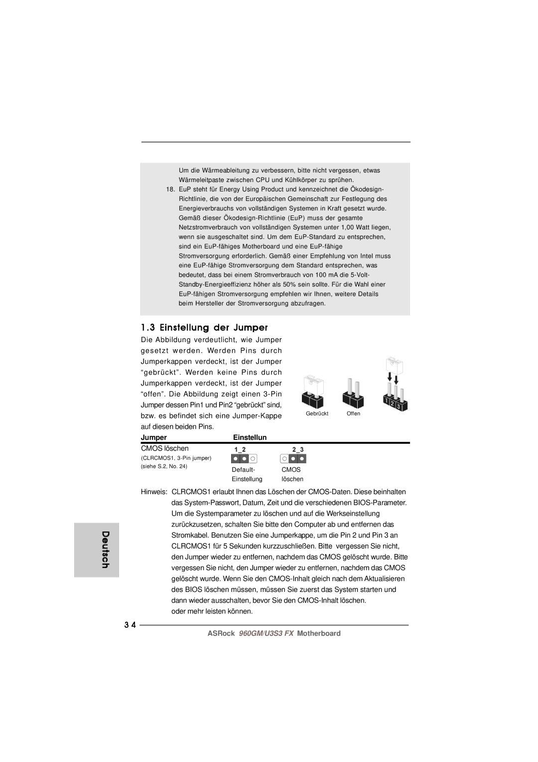 ASRock 960GM/U3S3 FX manual Einstellung der Jumper, JumperEinstellun, Cmos löschen, Oder mehr leisten können 