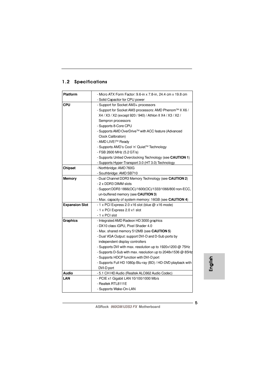 ASRock 960GM/U3S3 FX manual Specifications 