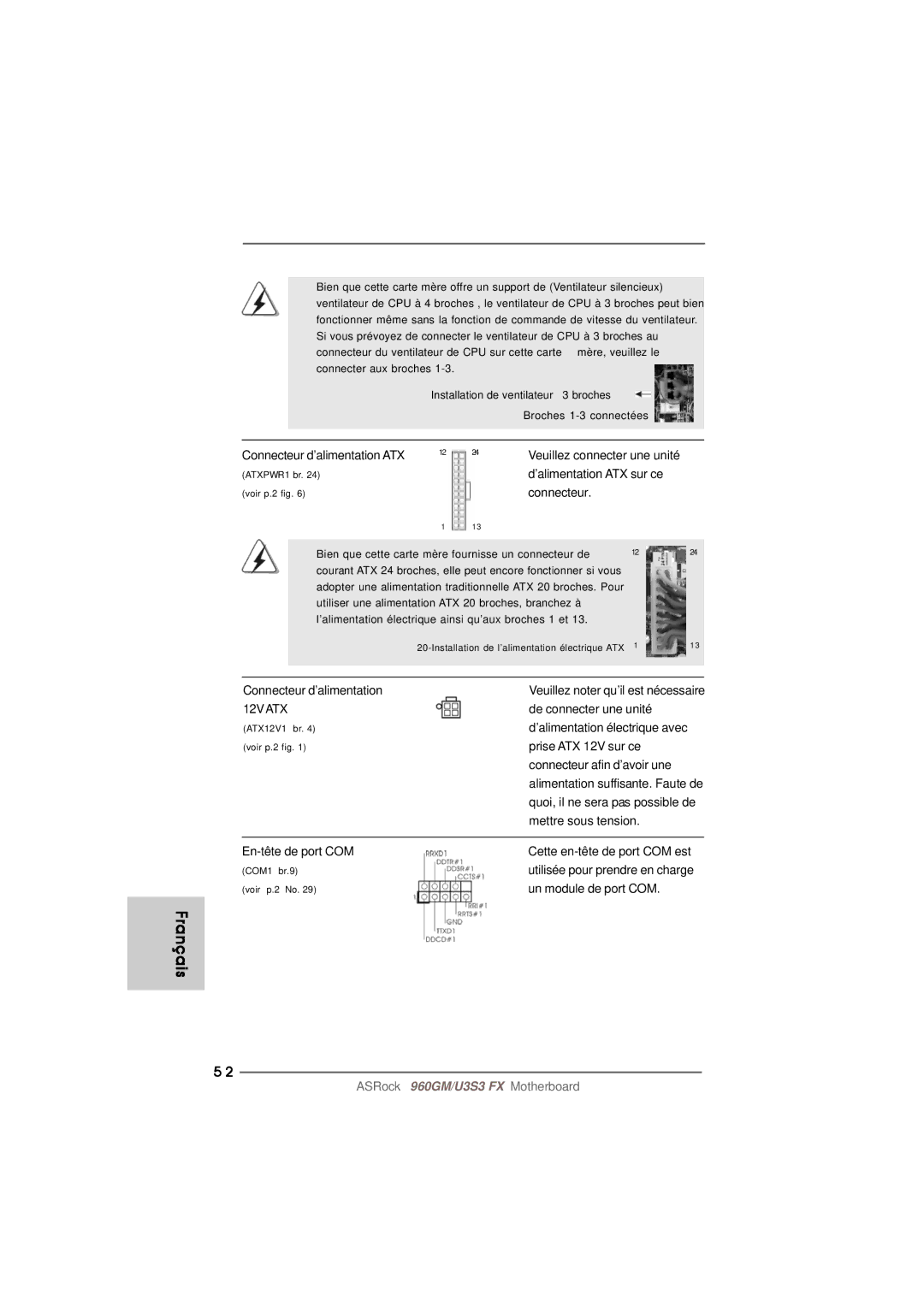 ASRock 960GM/U3S3 FX manual Connecteur d’alimentation ATX 