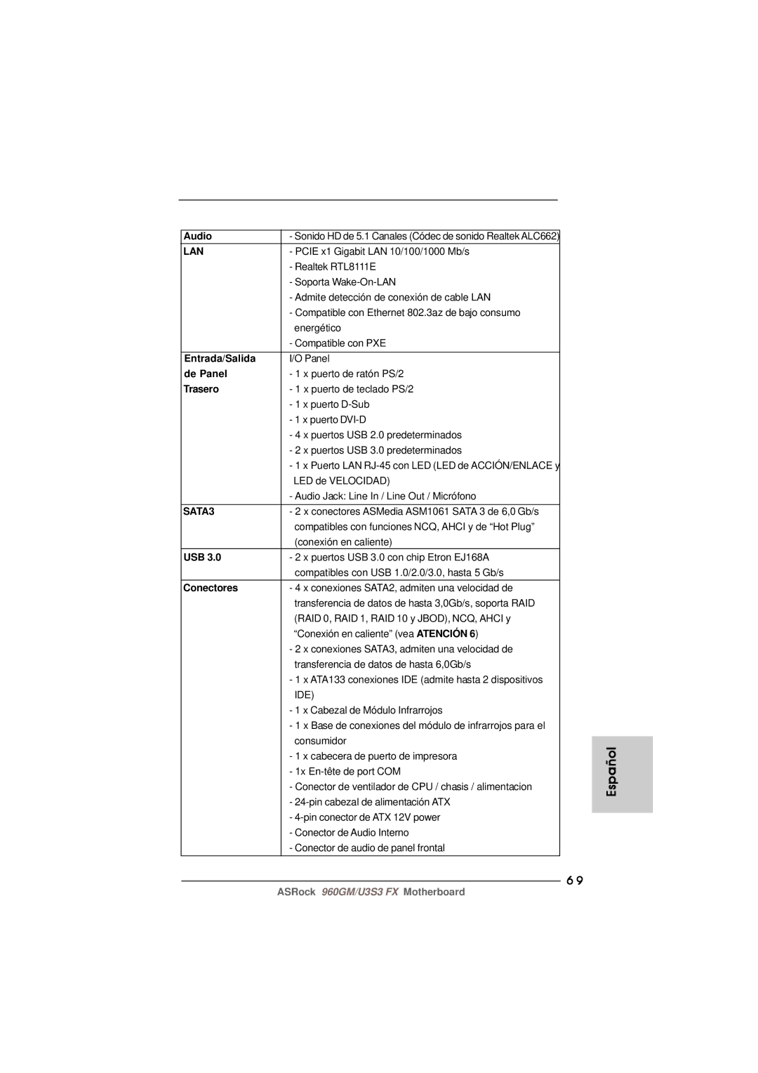 ASRock 960GM/U3S3 FX manual Entrada/Salida, De Panel, Trasero, Conectores 