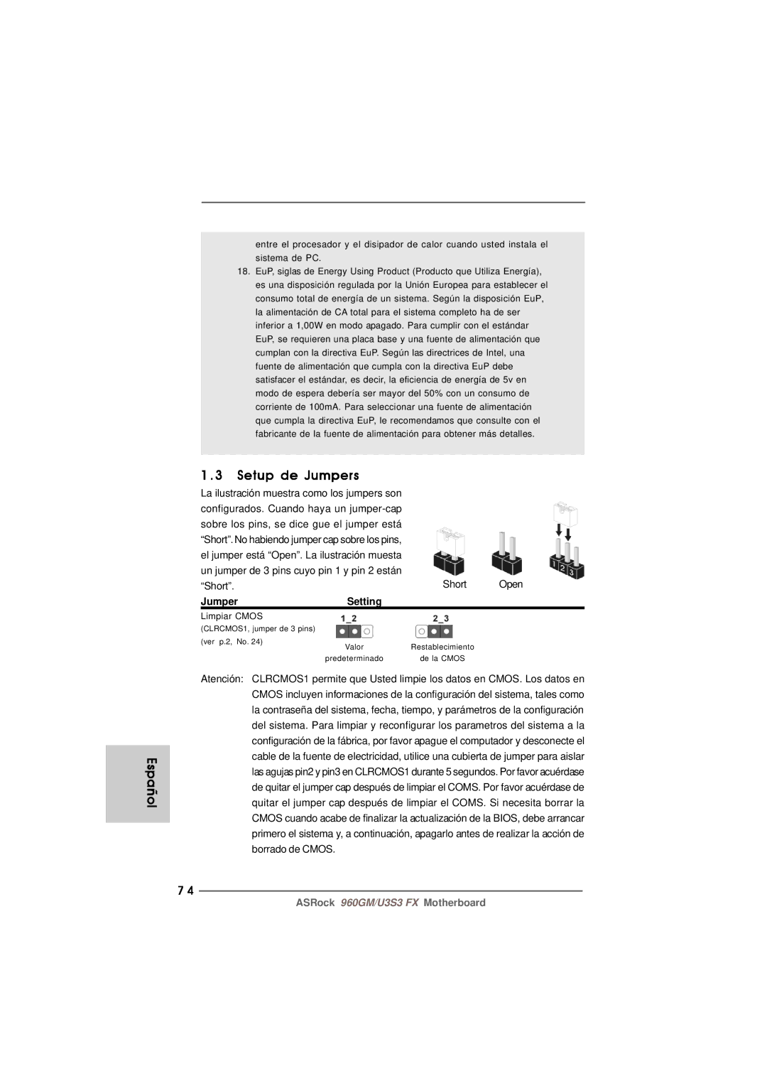 ASRock 960GM/U3S3 FX manual Setup de Jumpers, Short Open 