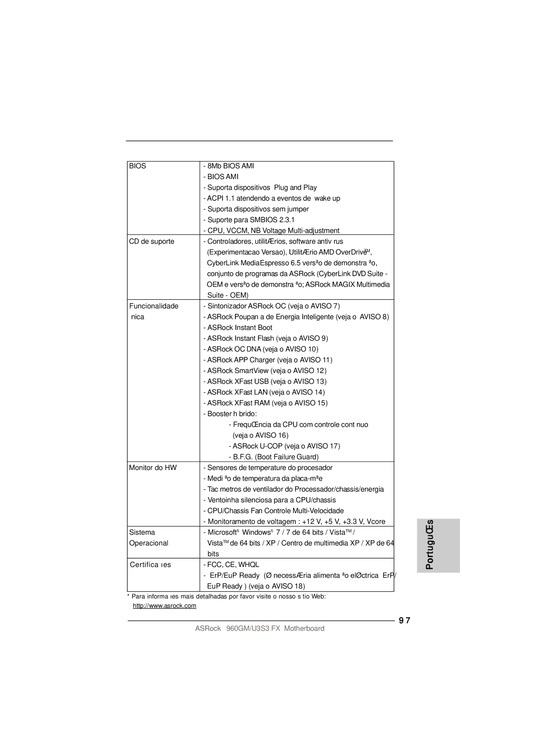 ASRock 960GM/U3S3 FX manual CD de suporte, Funcionalidade, Monitor do HW, Sistema, Operacional, Certificações 
