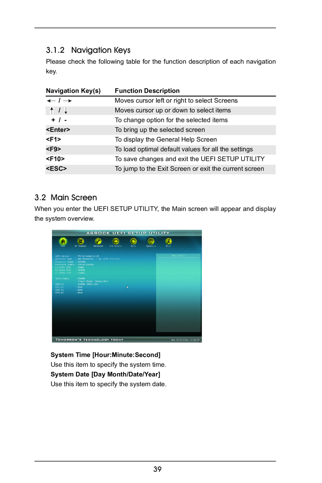 ASRock 970 Extreme3 manual Navigation Keys, Main Screen, To jump to the Exit Screen or exit the current screen 