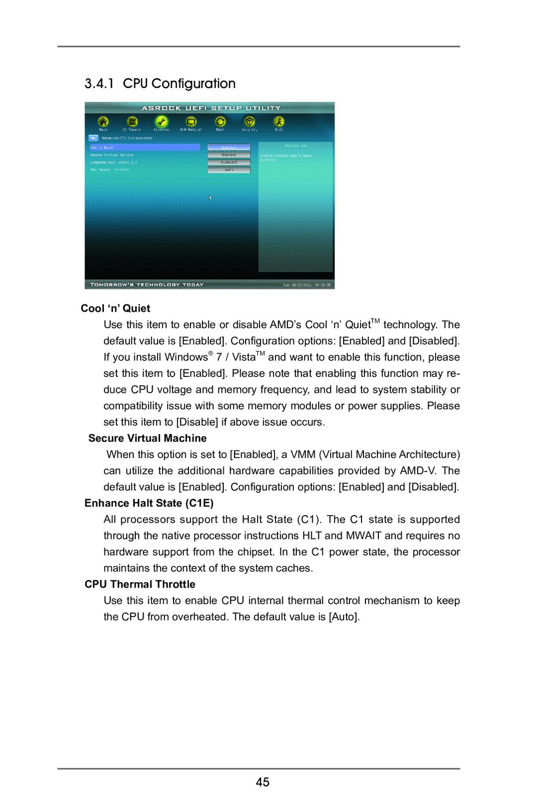 ASRock 970 Extreme3 manual CPU Configuration, Cool ‘n’ Quiet, Secure Virtual Machine, Enhance Halt State C1E 