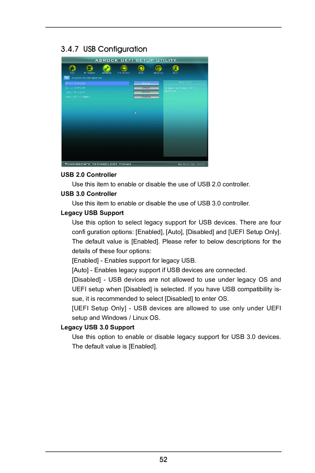 ASRock 970 Extreme3 USB Configuration, USB 2.0 Controller, USB 3.0 Controller, Legacy USB Support, Legacy USB 3.0 Support 