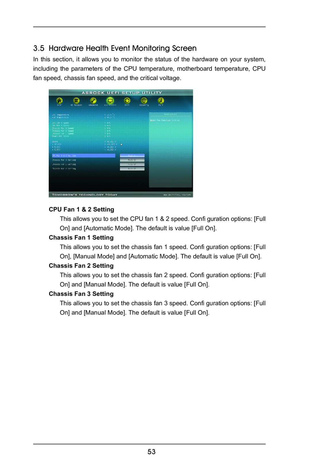 ASRock 970 Extreme3 manual Hardware Health Event Monitoring Screen, CPU Fan 1 & 2 Setting, Chassis Fan 1 Setting 