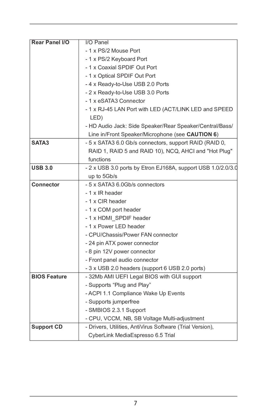 ASRock 970 Extreme3 manual Rear Panel I/O, Usb, Connector, Bios Feature, Support CD 