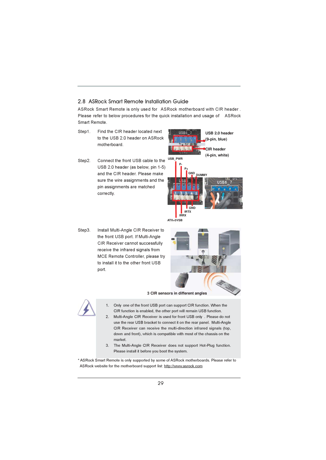 ASRock 970 Extreme4 manual ASRock Smart Remote Installation Guide, CIR sensors in different angles 