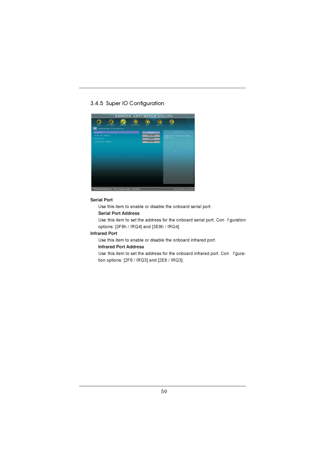 ASRock 970 Extreme4 manual Super IO Configuration, Serial Port Address, Infrared Port Address 