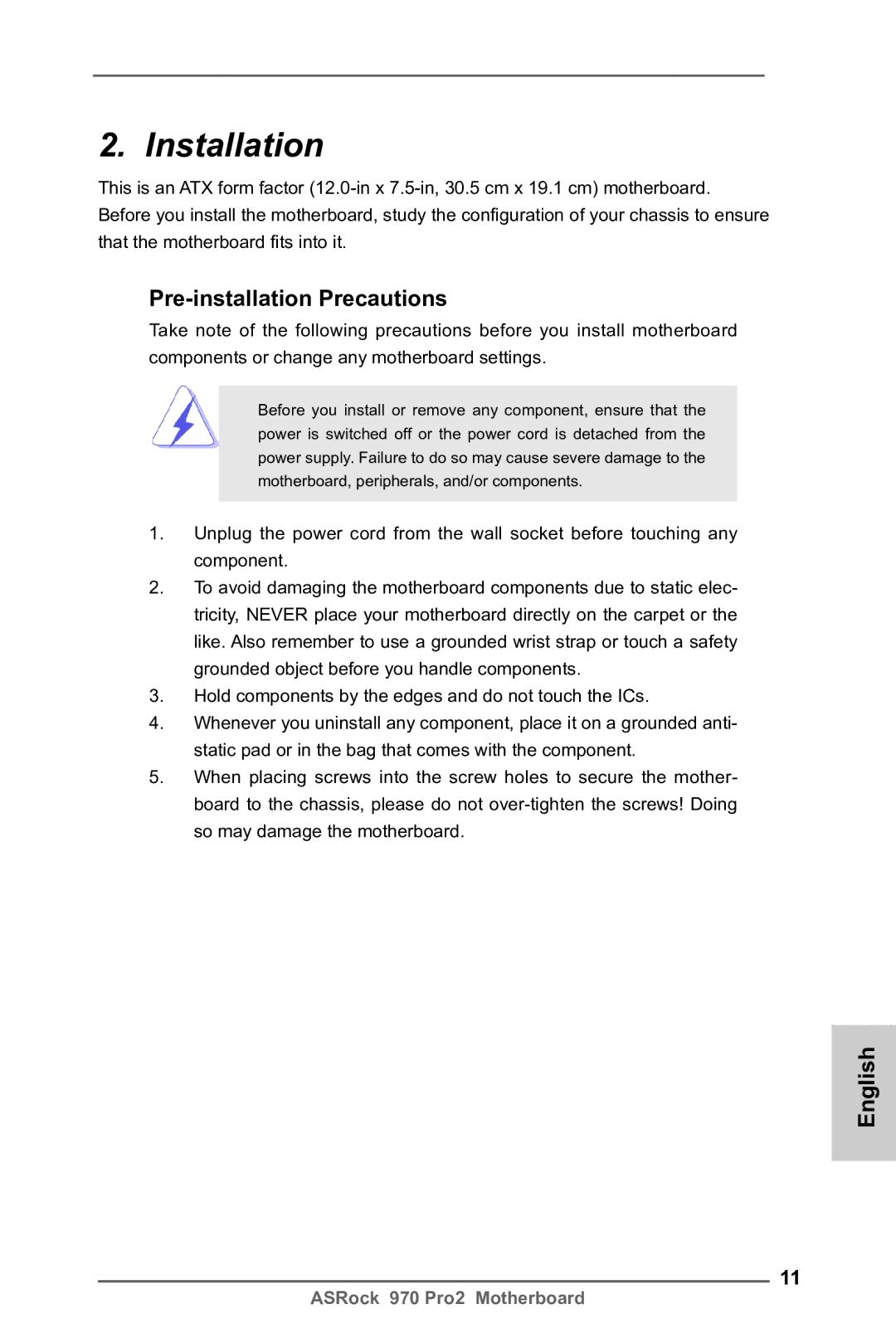 ASRock 970 Pro2 manual Installation, Pre-installation Precautions 