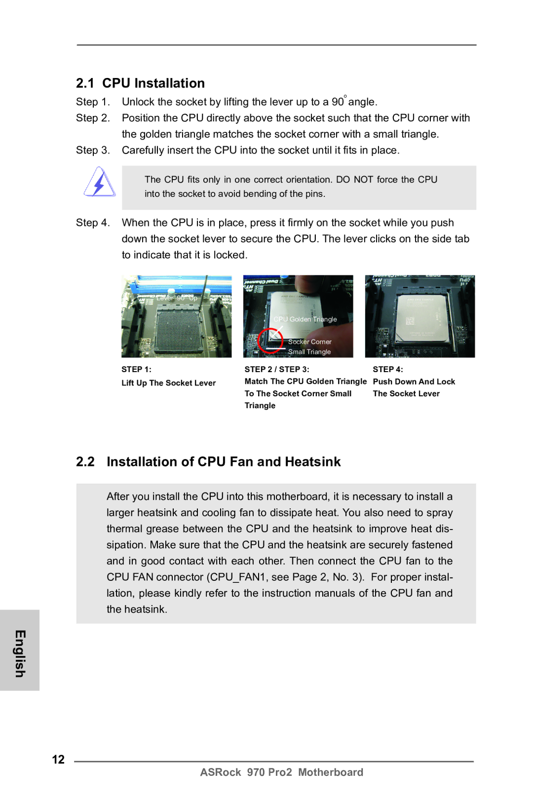 ASRock 970 Pro2 manual CPU Installation, Installation of CPU Fan and Heatsink English 