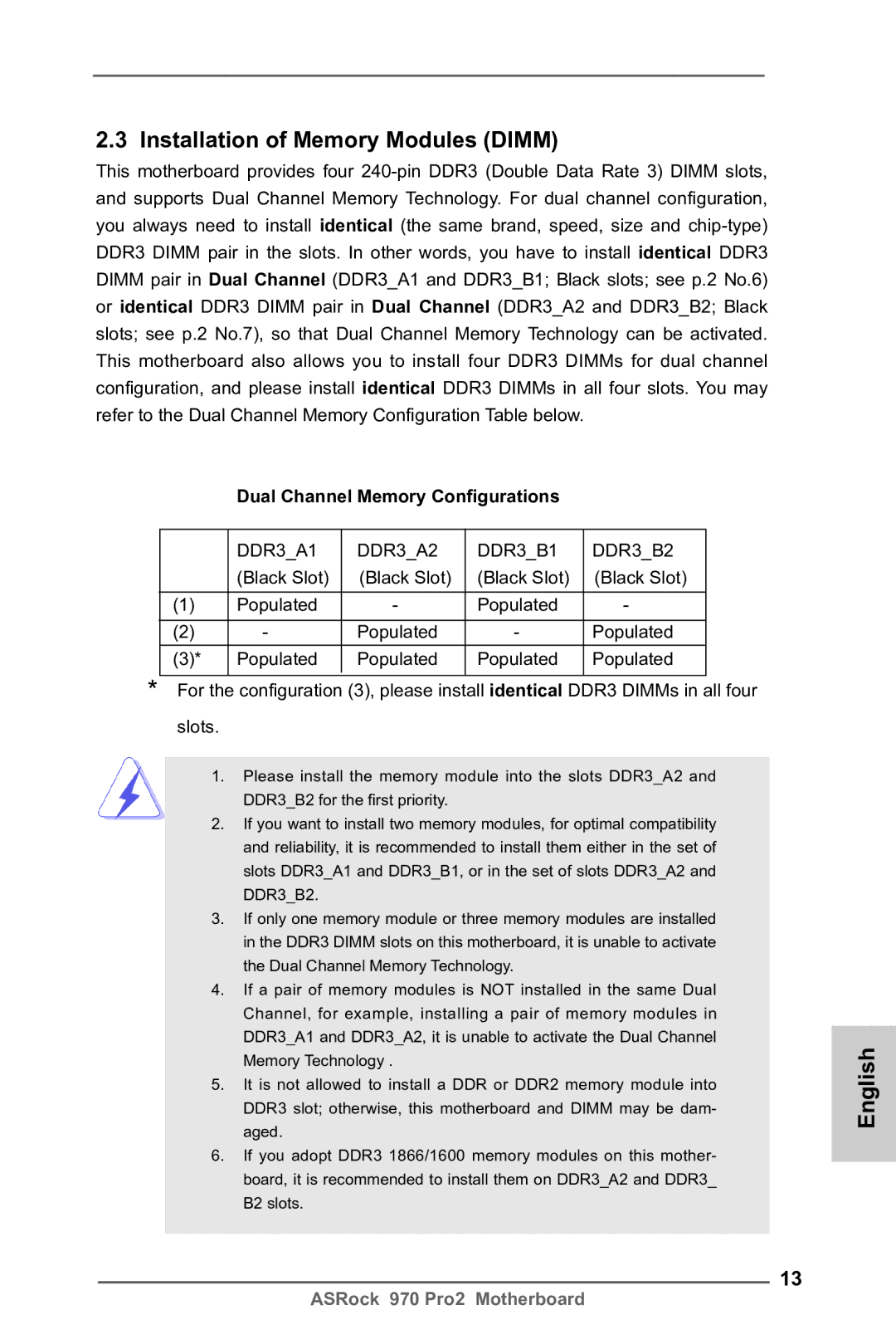 ASRock 970 Pro2 manual Installation of Memory Modules Dimm, Dual Channel Memory Configurations 